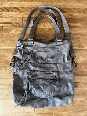 Zadig & Voltaire Gray/Beige Leather Shoulder Bag with Stud Wing Detail